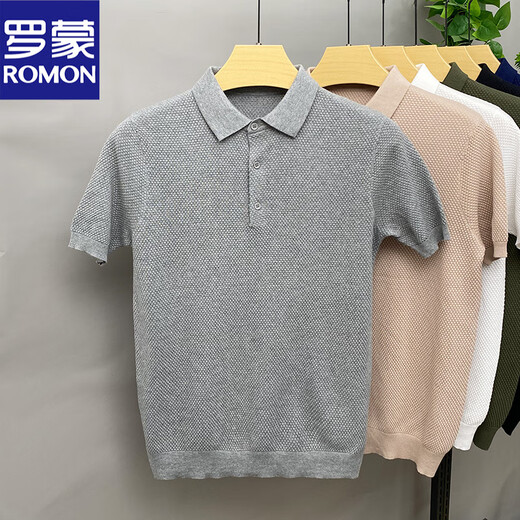 罗蒙（ROMON）夏季菠萝纹短袖t恤男100%纯棉透气Polo衫纯色翻领针织半截袖上衣 8550灰色 XL 175 (125-145斤)