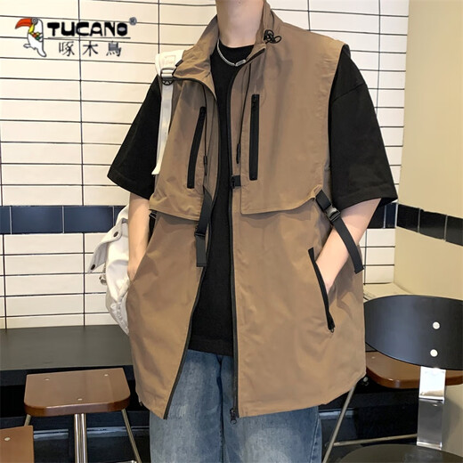 啄木鸟（TUCANO）夏季新款潮牌机车工装马甲男生日系复古宽松百搭拉链无袖坎肩外套 黑色 XL