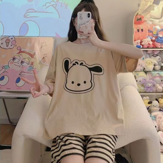旭杉斯女士睡衣夏季薄款短袖短裤套装宽松大码卡通夏天少女可爱风家居服 679绿恐龙 M  建议80-90斤