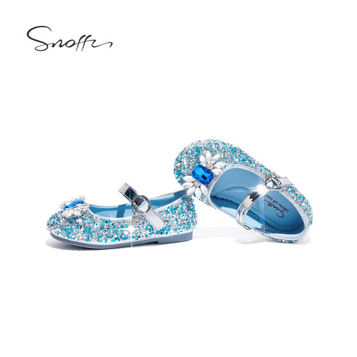 Snuffy girls' leather shoes spring Elsa princess shoes children's crystal shoes medium and large children's performance shoes soft-soled shoes ice and snow blue 26