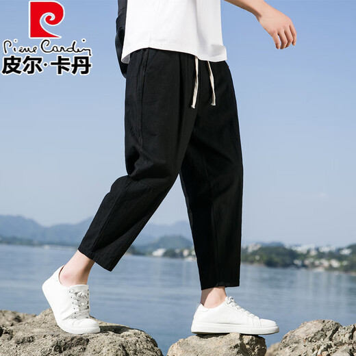 Pierre Cardin linen nine-point pants men's autumn thick cotton and linen pants men's casual pants straight loose sports pants nine-point pants trendy Khaki 3XL 151-169Jin Jin is equal to 0.5 kg