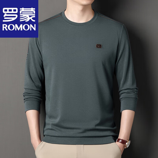罗蒙（ROMON）高端品牌男士100%纯棉长袖t恤2025圆领即墨卫衣男秋季抗皱打底衫 6625绿色 3XL 185建议170-185斤