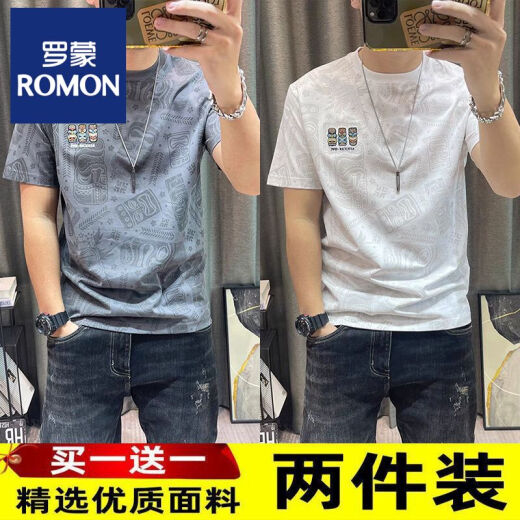 罗蒙2025新款短袖t恤男士夏季圆领休闲印花T恤青年半袖上衣大码男装 829T恤灰色+黑色【2件装】 XL 【建议120-130斤
