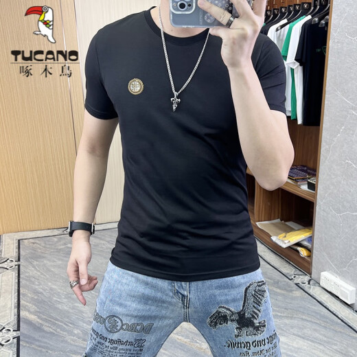 啄木鸟（TUCANO）t恤男士2025夏季新款短袖T恤男修身个性刺绣烫钻欧货丝光棉体恤男 724闪电R白色 5XL