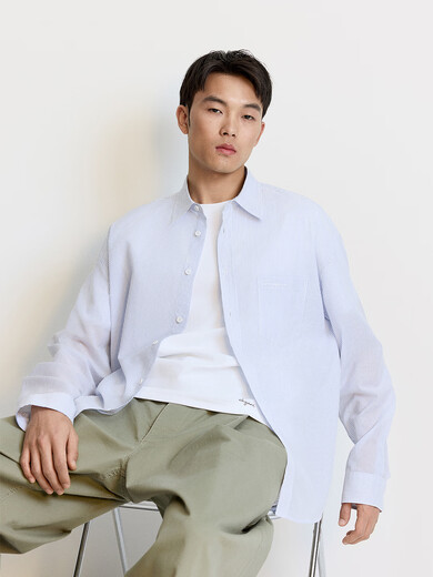 
TRENDIANO Cool and breathable Tianshi cotton stripe long-sleeved shirt men's shirt blue and white stripe M