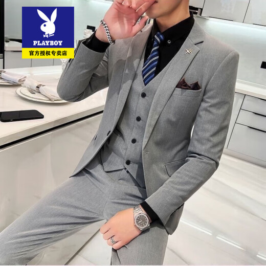 花花公子西服套装男三件套韩版修身商务正装休闲小西装新郎伴郎结婚礼服 719/黑色【两件套西服+裤子】 XL 建议120-135斤