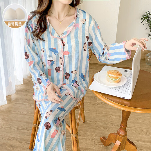 HUALIN FASHION带胸垫睡衣女长袖薄款家居服宽松两件套装 846#游园小象 175 L