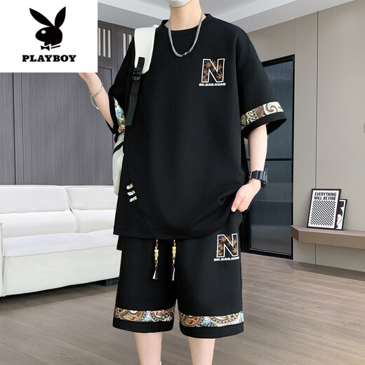 花花公子（PLAYBOY）2025年夏季新款中国风时尚休闲男士套装圆领短袖T恤短裤两件套潮 【短.袖套装】6195 绿色 XL (建议130-145斤)