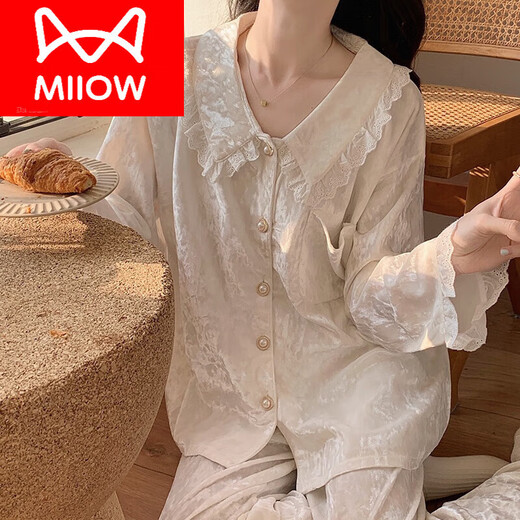 猫人（MiiOW）金丝绒睡衣女秋季女款2024新款长袖长裤甜美公主风花边春秋款冬季 SMSD 9926 白色 L (建议100 120斤)
