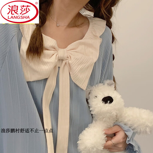 
LangSha (LangSha) bow sweet nightgown for women in spring, autumn, winter and summer long-sleeved thin cotton 2025 new large-size pajamas for women home clothes 16863 green eyes [without chest pad] M 160