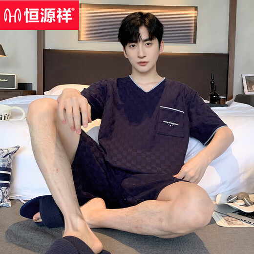 恒源祥男士睡衣夏季新疆棉短袖短裤薄款青少年休闲大码可外穿家居服套装 yzt9201 L 男