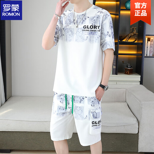
ROMON 2025 summer new short-sleeved suit for men teenagers versatile shorts casual sports two-piece set gradient color men's clothing 6187 blue M 75-100Jin [Jin equals 0.5 kg]