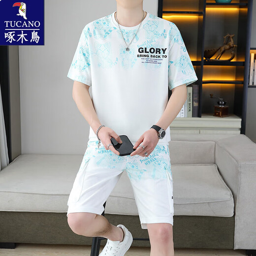 啄木鸟2025夏季新款短袖运动套装男青少年百搭短裤休闲两件套渐变色 6187蓝色 M