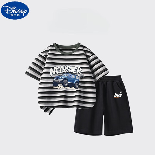 Disney Boys Anzug Sommer Neue Kinder Baumwoll-T-Shirt-Shorts Anzug Big Children's Striped Kurzärmelte-Sporthosen Zweiteiler DDB13688 GRAY + N11762K Schwarz 140 cm Höhe 130-140 cm Alter 8-9 Jahre alt