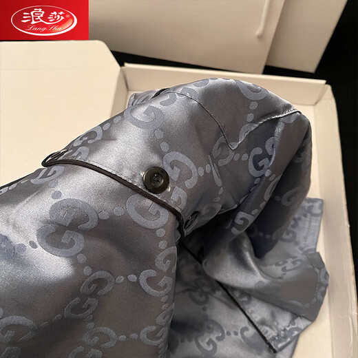 Langsha Ice Silk Pajamas Summer Men's Teen Short Sleeve Cardigan Home Suit Thin Summer 2025 New Set 673 Jacquard Black GG Black 3XL