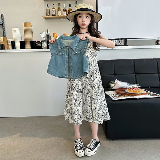 Zuo Feiluo 3524 Mädchen Kleid Sommeranzug 2025 Sommeranzug mittelgroße Kinder modische Weste Denim Zweiteiler Prinzessin Weste 120