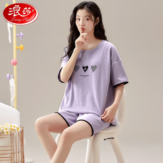 浪莎（LangSha）高档女士短袖睡衣套装带胸垫一体纯棉大码薄款可外穿家居服 1047 M (建议75-95斤)
