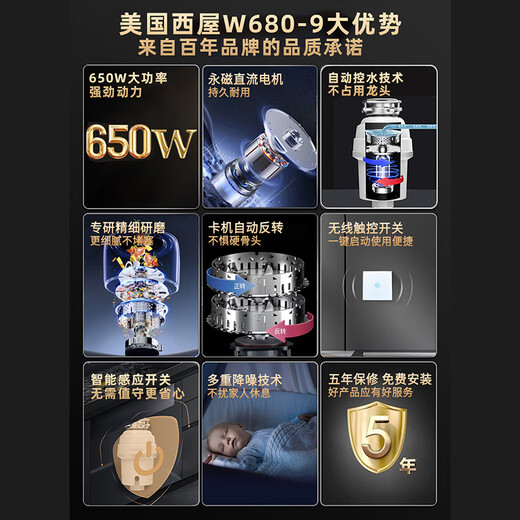 西屋美国西屋智能垃圾处理器食物厨房家用厨余粉碎机直流电机无线开关 W680升级款（加配自动进水）