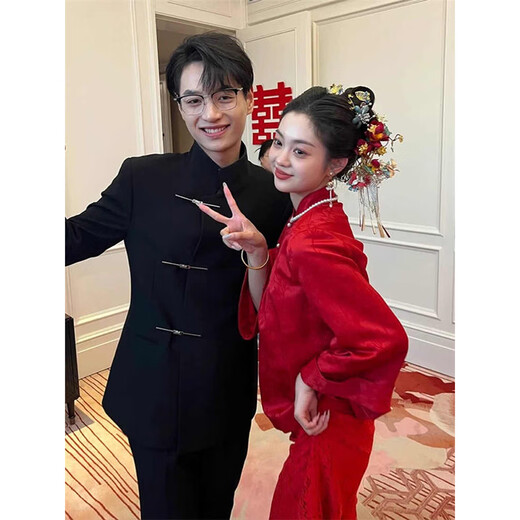 Luo Meng New Chinese Style Stand Collar Casual Suit Wedding Engagement Outfit Groom Luxury Mao Suit Chinese Style Suit Jacket ZS06 Black Top + Pants L 120-135Jin Jin is equal to 0.5 kg