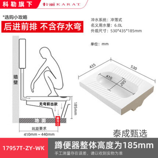 科勒（KOHLER）蹲便器防臭器不带存水弯后进水前排水蹲便器17957T-ZY-WK 卡丽3/6升蹲便器水箱 11978T-M-WK