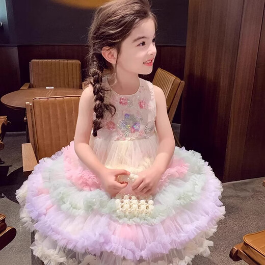 安妮优儿女童公主裙蛋糕裙夏装无袖背心裙洋气儿童网纱连衣裙 彩色  120