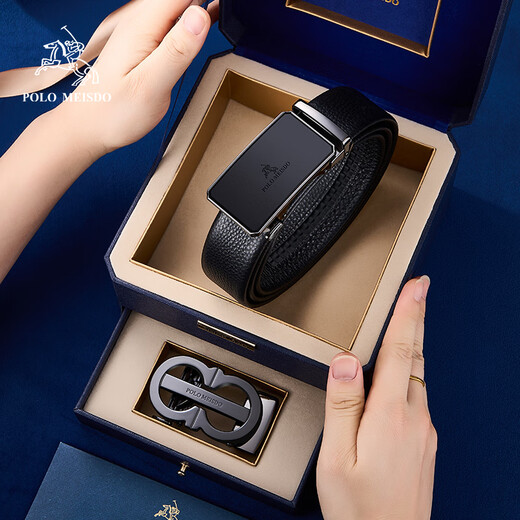 Paul mesid Herrengürtel echter Ledergürtel Herren High-End-Kuhläden Automatische Schnalle Belt Vatertagsgeschenk für Papa Praktische 600897+867 [Doppelschnalle Blue Wood Box] 120 cm andere Längenkontakt-Kundendienstnote