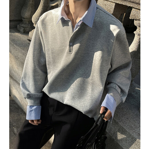 GTYUWVG fake two-piece shirt men's spring 2025 new inner layering long-sleeved lapel Henry bottoming shirt shirt jacket light gray L