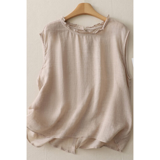 Jiandang große Frauenfette mm Sommerfront und Rücken mit zwei gewaschenen schwarzen Pilzkragen Hemd Frauen-Retro-ärmellose Single-Breasted-Hemd 6173 Khaki M [100-120jin [Jin gleich 0,5 kg]]]