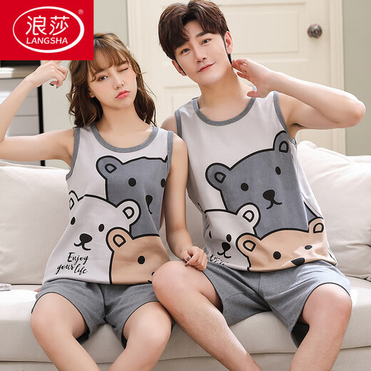 
LangSha Summer Sleeveless Vest Shorts Couple Pajamas Female Teen Pure Cotton Men Adding Fat Plus Large Size Loose Home Suit WJ9856 Ya Vest Set M Women 80-95 Jin [Jin equals 0.5 kg]