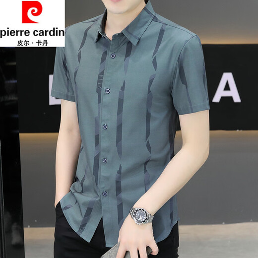 
Pierre cardin summer 2025 new ice silk short-sleeved shirt for men Korean slim-fit trendy inch shirt casual handsome men's shirt single piece 7027 green XL