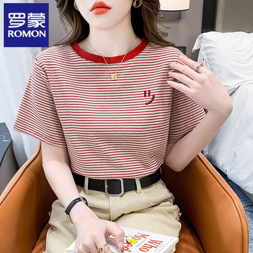 T-shirt à manches courtes à rayures Romon pour les femmes coréennes coton coréen Nouveau t-shirt polyvalent à manche à mi-manche à mi-manche 9928 m recommandé 95-105jin [Jin est égal à 0,5 kg]
