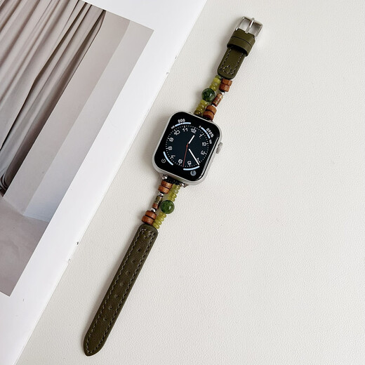 之宋真皮拼接天然石手链iwatch10表带适用S9苹果applewatch78se手表带 橄榄绿修身串珠皮表带 适用iwatcS1049mm