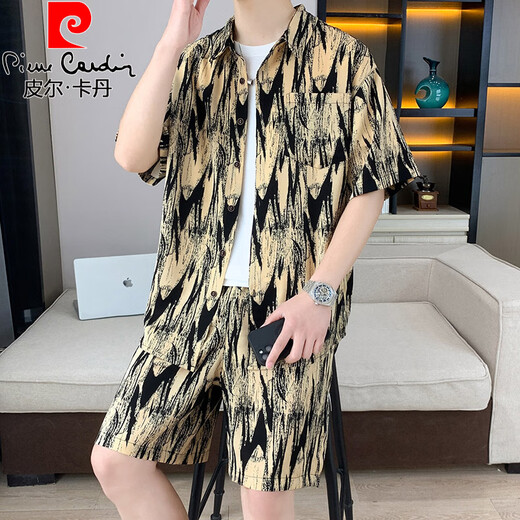 皮尔卡丹（pierre cardin）冰丝短袖衬衫套装男夏薄款海边度假三亚旅游夏威夷沙滩短裤两件套 677灰色套装 M 90-110斤