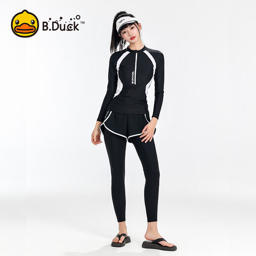 B.Duck split swimsuit women's long-sleeved trousers suit sun protection fake two-piece surfing and diving equipment swimming goggles and swimming cap four-piece set