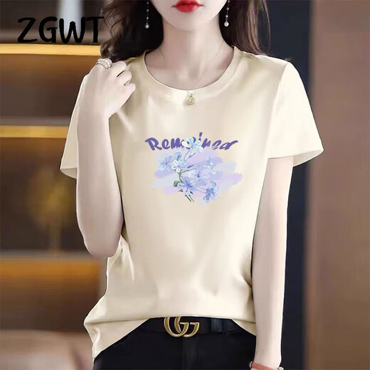 
ZGWT light luxury high-end brand short-sleeved T-shirt for women loose new summer fashion round neck versatile base shirt top 6212 gray pink short-sleeved 2XL (recommended 135-150Jin [Jin equals 0.5 kg])