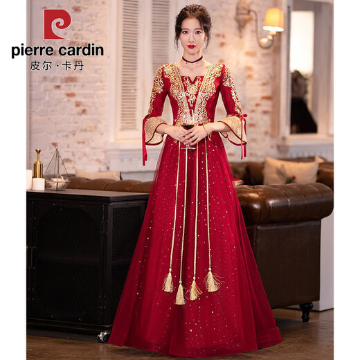 Pier Cardin Toasting Anzug Braut 2025 Neue Sommer Burgund Chinese Langarmed Wedding Engagement Kleid für Frauen Burgund mittelgroß [684] 3xl