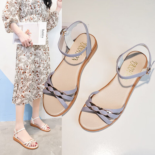 Belle Treppen Sandalen für Frauen 2025 Sommer Fairy Style Vielseitige Flachabsatzweiche Sohle komfortable Rindfleisch Sehne Sohle Student Frauen Sandalen Wenzhou Frauenschuhe - Blue 983 20 Frauenschuhe, die nach langem Gehen nicht müde werden - 36 Standardcode