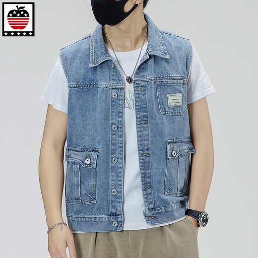 
AEMAPE Apple Spring and Summer New Working Denim Vest Men's Japanese Trendy Brand Loose Light Color Large Size Sleeveless Vest Jacket 6232# Light Blue M (Suggested 115-130Jin [Jin equals 0.5 kg])