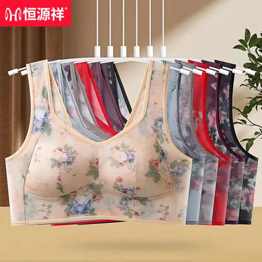 恒源祥网纱印花妈妈款内衣女夏季薄款无钢圈聚拢收副乳大码美背无痕文胸 黑色+肤色-超值2件装【3天】 4XL 2L 建议95-115斤