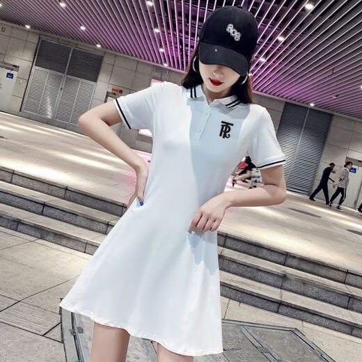 BNEB香港潮牌 polo领连衣裙夏季新款收腰显瘦休闲气质修身百搭a字短裙 黑色 XL 建议(115-125斤)