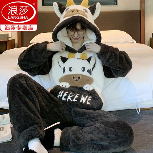 Langsha (langsha) men's pajamas men's coral velvet winter student cartoon loose winter flannel thickened plush home clothing set *ZS*9901 [Double-sided plush set] M small (75-95Jin [Jin equals 0.5 kg])