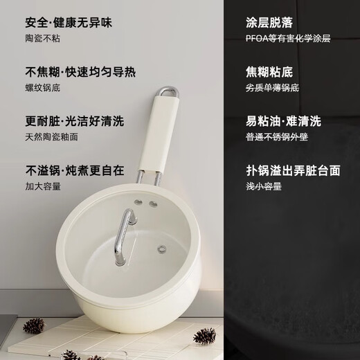 Laish New Ceramic Milk Pot 0 Fluorine Coated Non-stick Baby Food Pot One-person Instant Noodle Pot Universal Stovetop Milk Pot Ceramic White Milk Pot + Tempered Lid 20cm