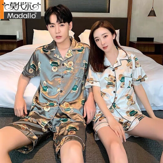 莫代尔情侣睡衣夏季冰丝薄款短袖一男一女款夏天薄款仿真丝家居服套装 1517 均码 女XL送男L