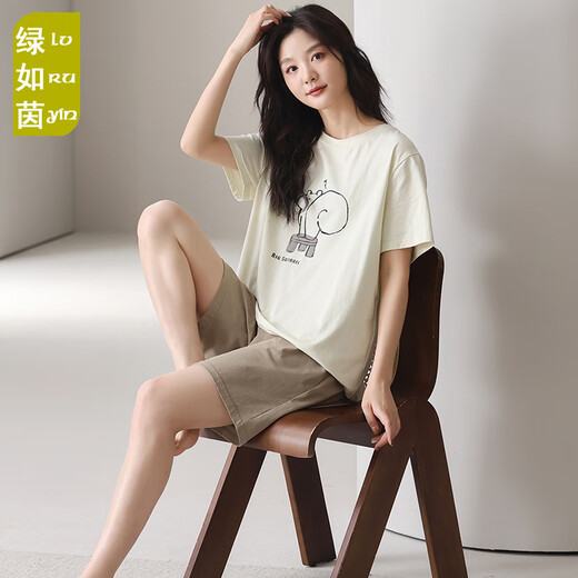 Green Modal summer thin pajamas women's short-sleeved shorts can be worn on the outside for simple two-piece suits for girls' home clothes QQB6630 women M