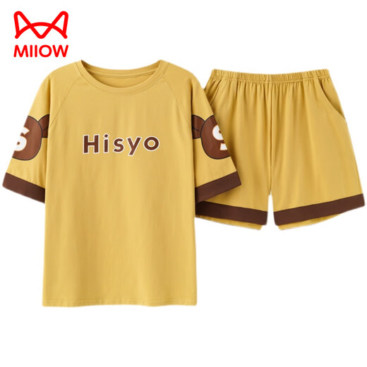 Catman (MiiOW) pajamas for women, summer pure cotton, cute Korean style student short-sleeved thin loose two-piece set Spring and autumn home clothes can be worn outside. Gold GXT6630 color M (recommended 75-95Jin [Jin equals 0.5 kg])