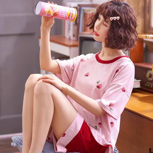 雅鹿睡衣女夏季套装短袖女士两件套纯棉夏天韩版薄款学生春秋冬家居服 虾肉粉 GXT6630图色 M _女神睡衣 赠运费险