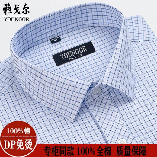 MAYOR雅戈尔高档长袖衬衫男士春秋棉质免烫抗皱商务正装条纹格职业衬衣 6627【蓝细格子】 38 体重推荐115-120斤