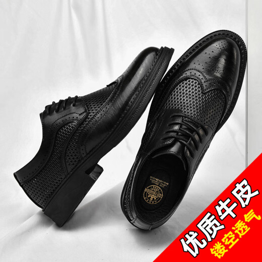 Red DRAGONFLY leather shoes for men in summer breathable and versatile British style business casual formal wear Block carved hollow derby sandals black 1381 sandals style 41 standard leather shoe size
