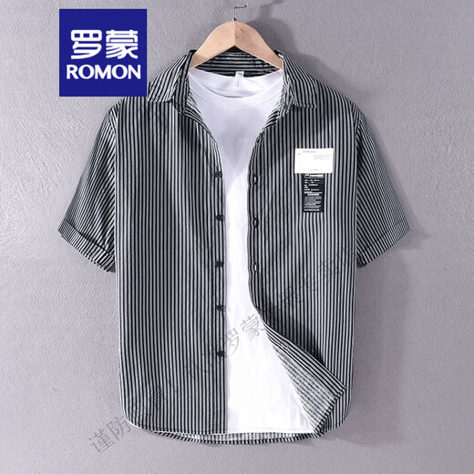 ROMON gestreiftes Hemd Herren Kurzarm Sommer dünn japanische Retro reine Baumwolle bügelfrei koreanischer Stil lässig halbärmeliges Label-Shirt 9721 weiß M geeignet für Gewicht 110-125Jin Jin entspricht 0,5 kg