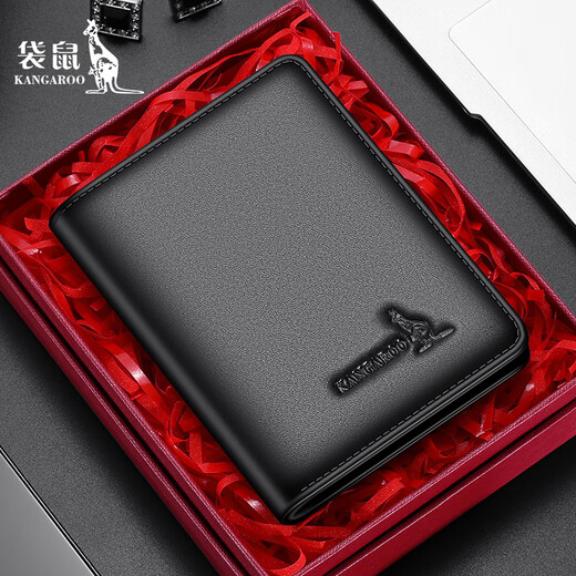 Kangaroo wallet men's genuine leather new fashionable wallet business thin small card bag integrated leather wallet black [litchi pattern]